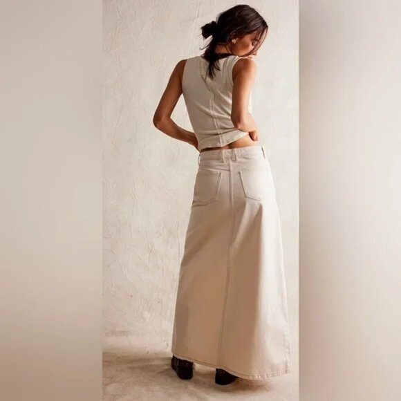 Free People We The Free Come As You Are Denim Maxi Skirt NWT Wisp Ivory Sz 4 - Picture 2 of 9
